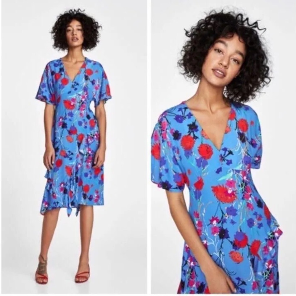 ZARA Ruffle Frill Blue Floral Midi Dress Size XS